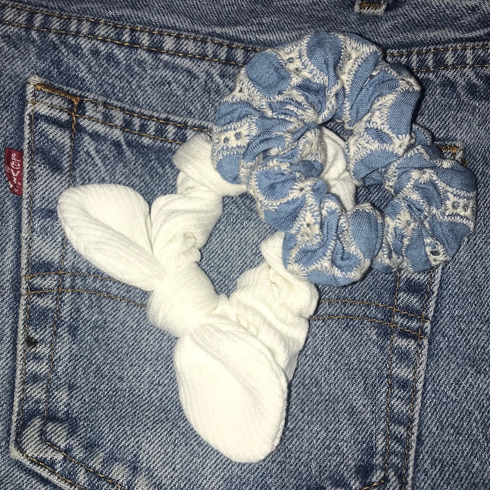 White & blue American Eagle scrunchies